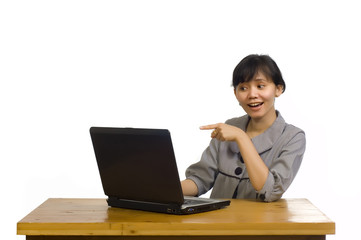Business Woman Using Laptop on White Background and Smiling