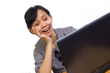 Business Woman Using Laptop on White Background and Smiling