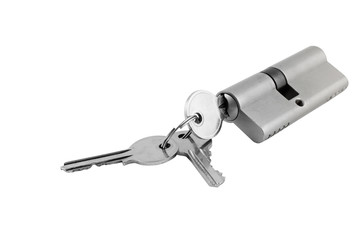 Photo of the door lock with keys. Isolated