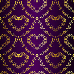 Gold-on-Purple seamless sari pattern with hearts