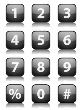 Square "Number" button with reflection (black) (x12)