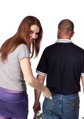 The girl pulls out money