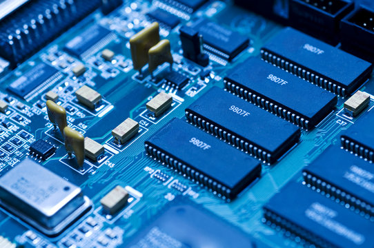 Blue electronic circuit close-up
