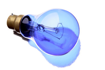 Blue light bulb over white background