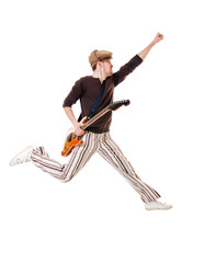 Cool guitarist jumping on white background