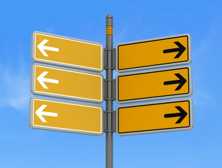 six yellow empty road sign-post