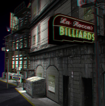 anaglyph of a street scene. see in 3D with red-blue specs