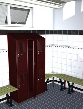 anaglyph image of a locker room. use a red-blue specs to see 3D