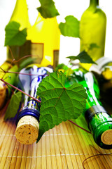 assorted wine bottles and corks with grape vine