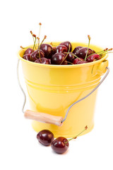 red cherries in a bucket isolated on white