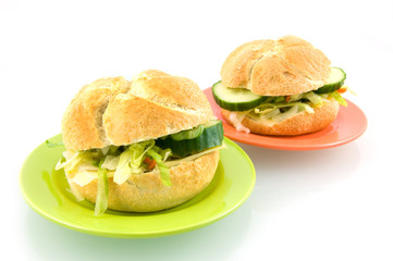 Two fresh sandwichtes on plates