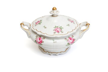 Vintage porcelain tureen isolated on white background