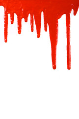 Red paint pouring on white background