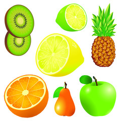 Kiwi, Lemon, orange, pear, pineapple, apple