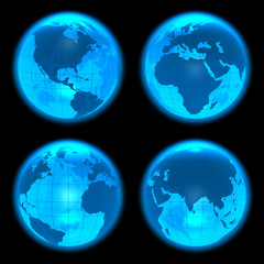 Blue glowing Earth globes set