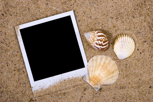 Photo frame with sea shells on sand background