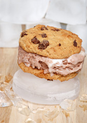 chocolate cookie ice cream sandwich on ice