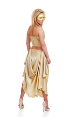 young blond model with a golden dress