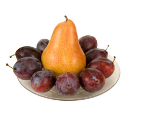 PEAR SURROUNDED BY PLUMS