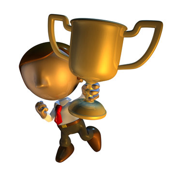 3d Business Man Character Holding A Trophy