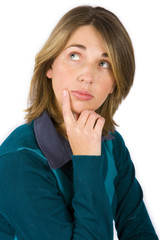 Isolated women in blue with thoughtful expression on her face