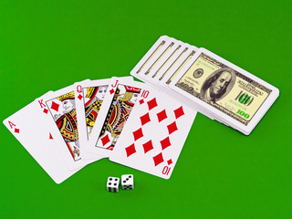 The dice and playing cards-"royal flesh" on green broadcloth.