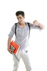 Caucasian student worried with negative gesture