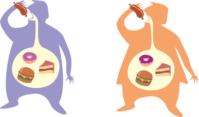 Persona gorda. Obesos. Sobrepeso. Personas comiendo alimentos no saludables. - obrazy, fototapety, plakaty