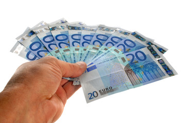 dix billets de vingt euros dans la main