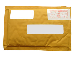 one yellow mail package from recycling paper (transit envelope) isolated on white background, postal service delivery, postage item with empty labels closeup diversity