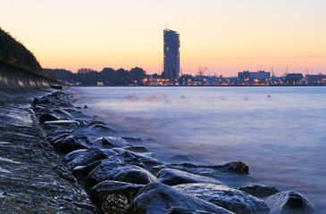 Stony sea coastline and quay in Gdynia, Poland