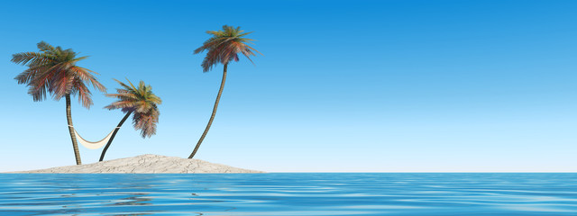 small isolated island with palm trees and a hammock
