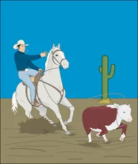 Fotobehang cowboy met paard, vangt een koe met een lasso, rodeo © MENZAGO