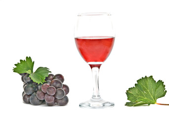 Goblet with wine and grapevine isolated on white background