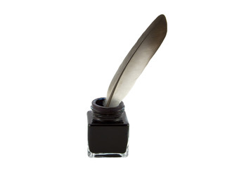 Feather quill pen and ink with clipping path