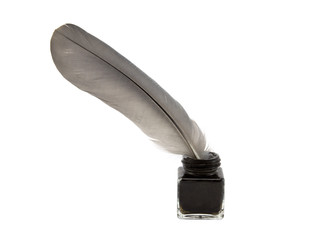 Feather quill pen and ink with clipping path