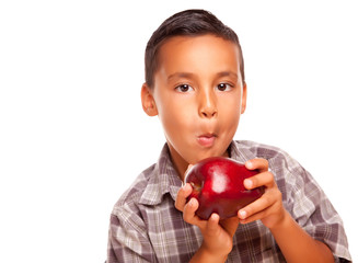 Adorable Hispanic Boy Eating a Large Red Apple