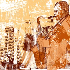 Papier Peint photo Lavable Groupe de musique saxophoniste sur un fond grunge