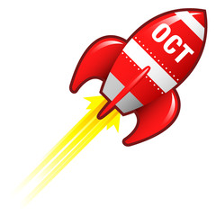 October month calendar icon on red retro rocket ship