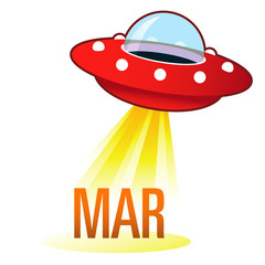 March calendar month icon on retro flying saucer UFO