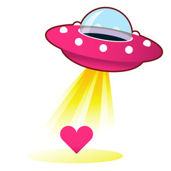 Heart, love, or relationship icon on retro flying saucer UFO
