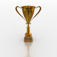 Fototapeta na wymiar Golden trophy reflected on white