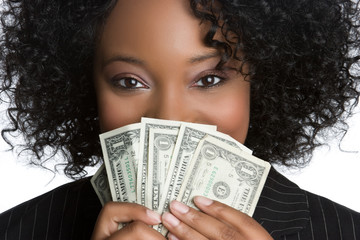 Woman Hiding Behind Money