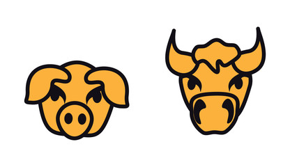 Lustig grimmig schauendes Schwein und Bulle