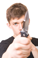 Man with knife isolated on white background.