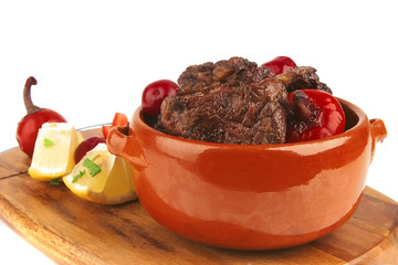 beef meat in pot with vegetables
