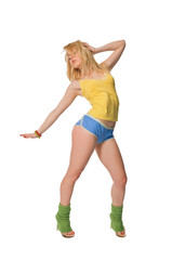 Beautiful fit girl exercising on white background