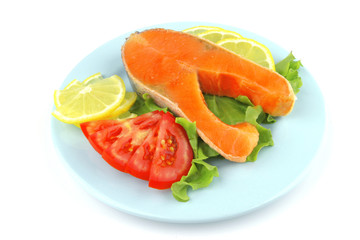 salmon steak on blue dish