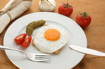 one fried egg on toast with tomato and gherkin