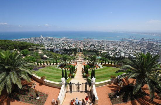 Down view to Bahai Temple, German Settlement and Haifa port